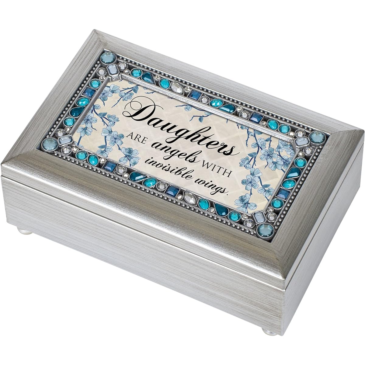 Daughters Angels with Wings Blue Jeweled Silver Tone Petite Music Box Plays Amazing Grace