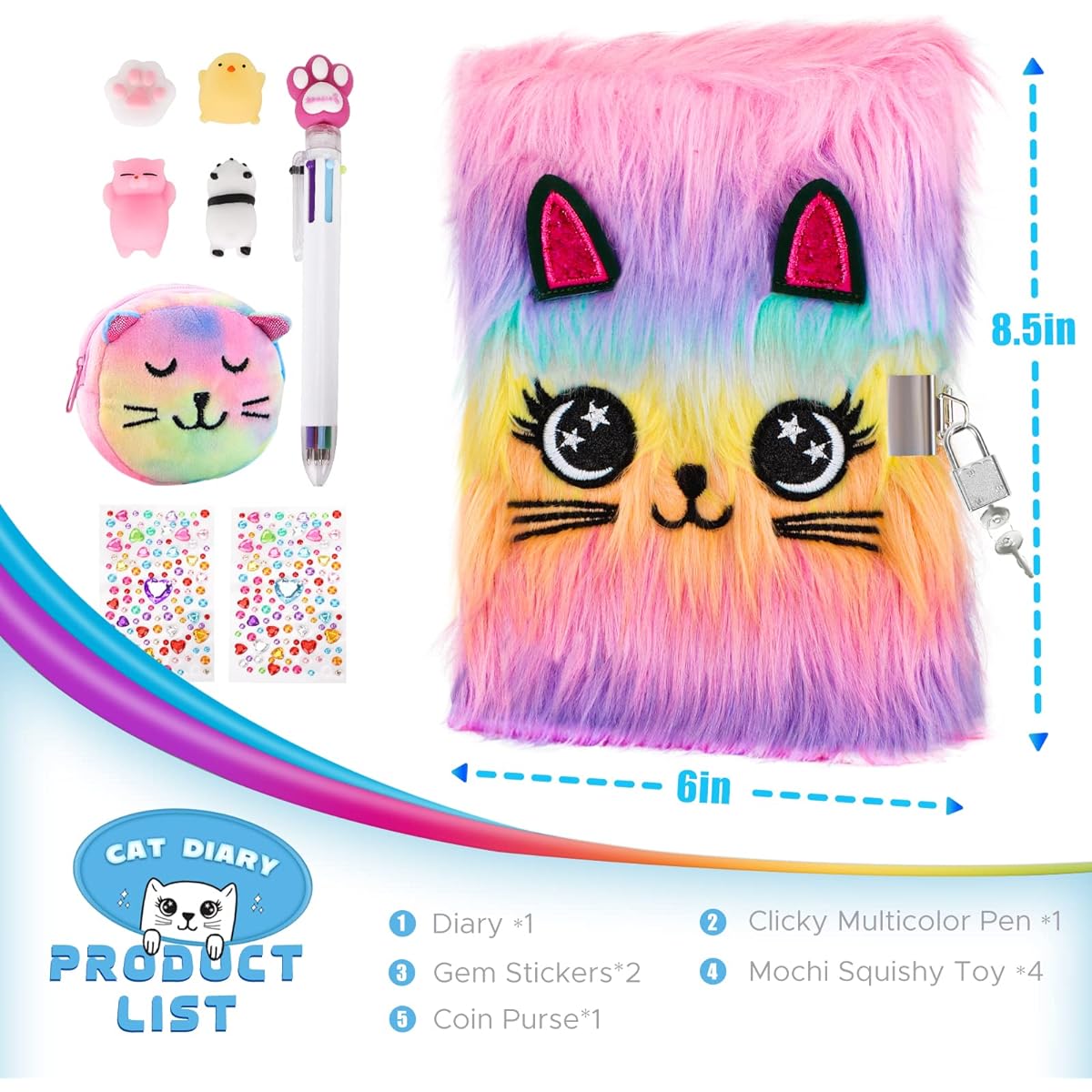 HOMICOZY Cat Diary with Lock and Key for Girls Plush Secret Journal 160 Lined Pages Hardcover Fluffy Locking Notebook for Writing and Drawing Cute Fuzzy Stationery Gifts for Ages 6+