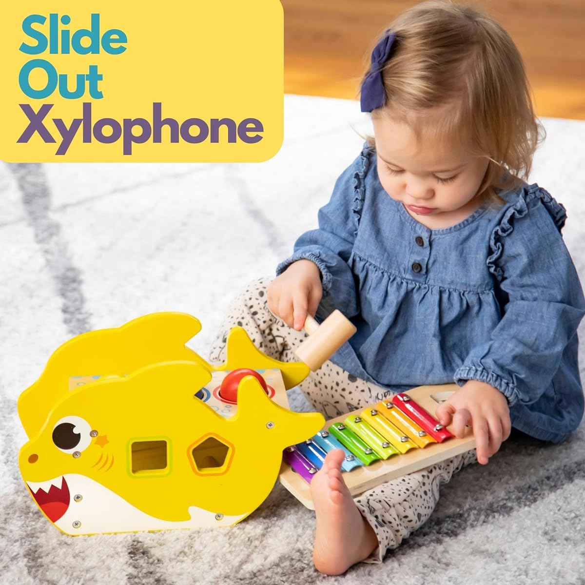 Pidoko Kids Baby Shark Toy for 1 Year Old Montessori Learning Bang Bang Thumping Toddler Boy Girl Birthday Gift Xylophone Shape Sorter Blocks