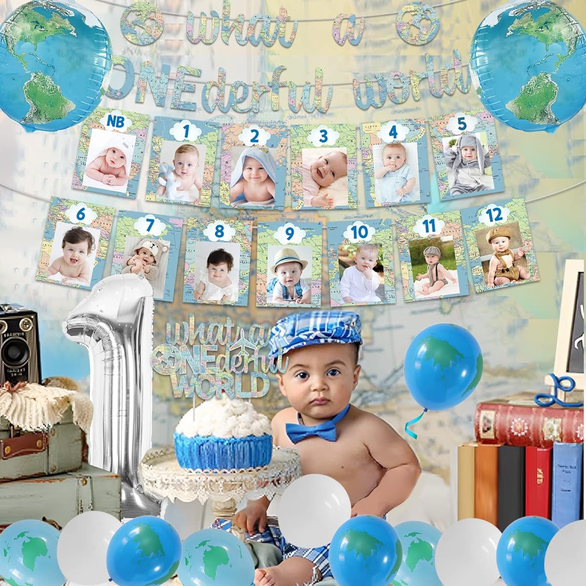 What a Onederful World 1st Birthday Decorations for Boys Travel Around the World Decorations Waiting for Adventure Birthday Party Supplies - Travel Theme Banner Cake Topper Photo Banner Balloons