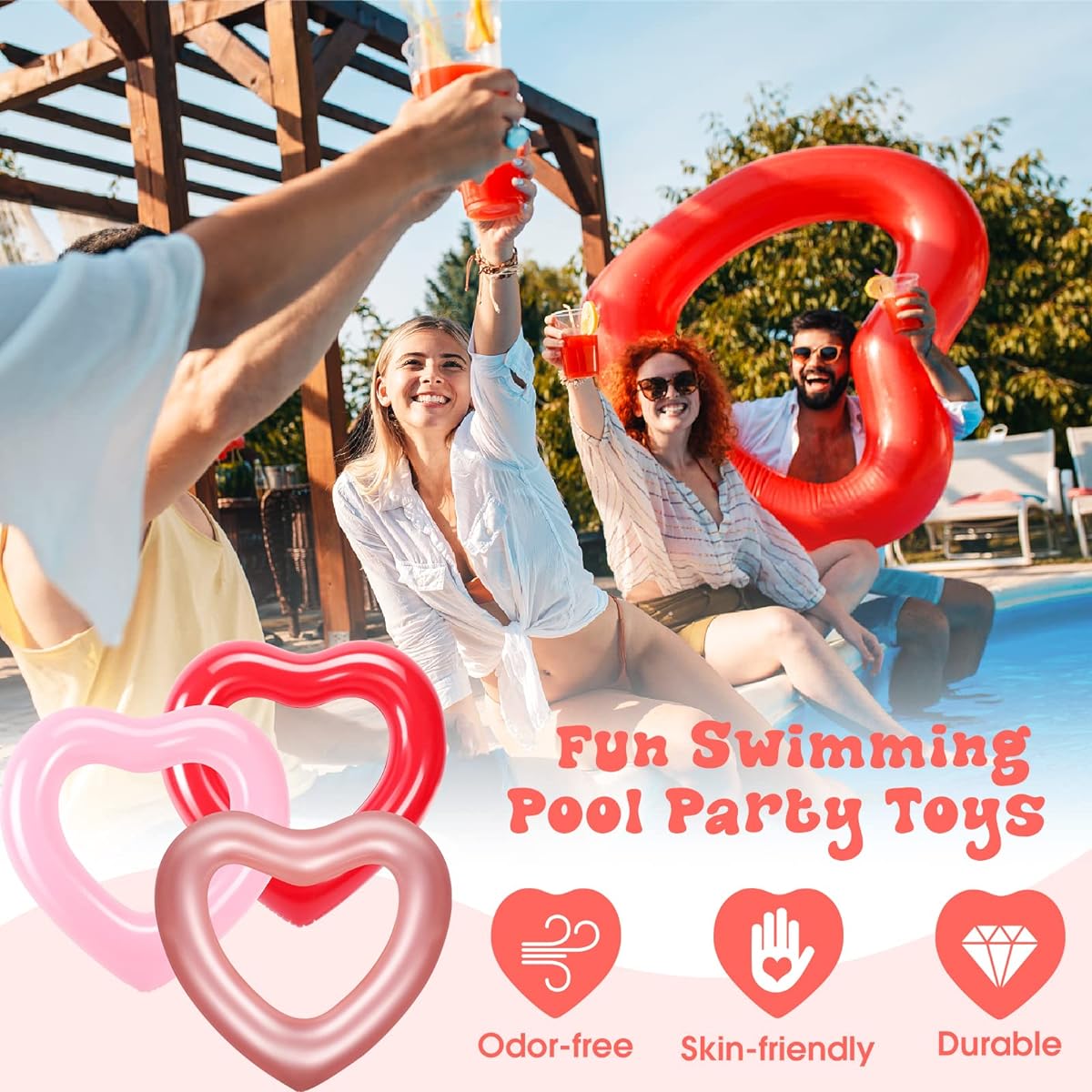 3 Pieces Inflatable Heart Pool Float 47.3 x 39.4 Inch Swimming Heart Shaped Pool Ring Adult Teen Water Fan Heart Float Summer Swimming Tube for Pool Beach Bachelorette Party Red Rose Gold Pink