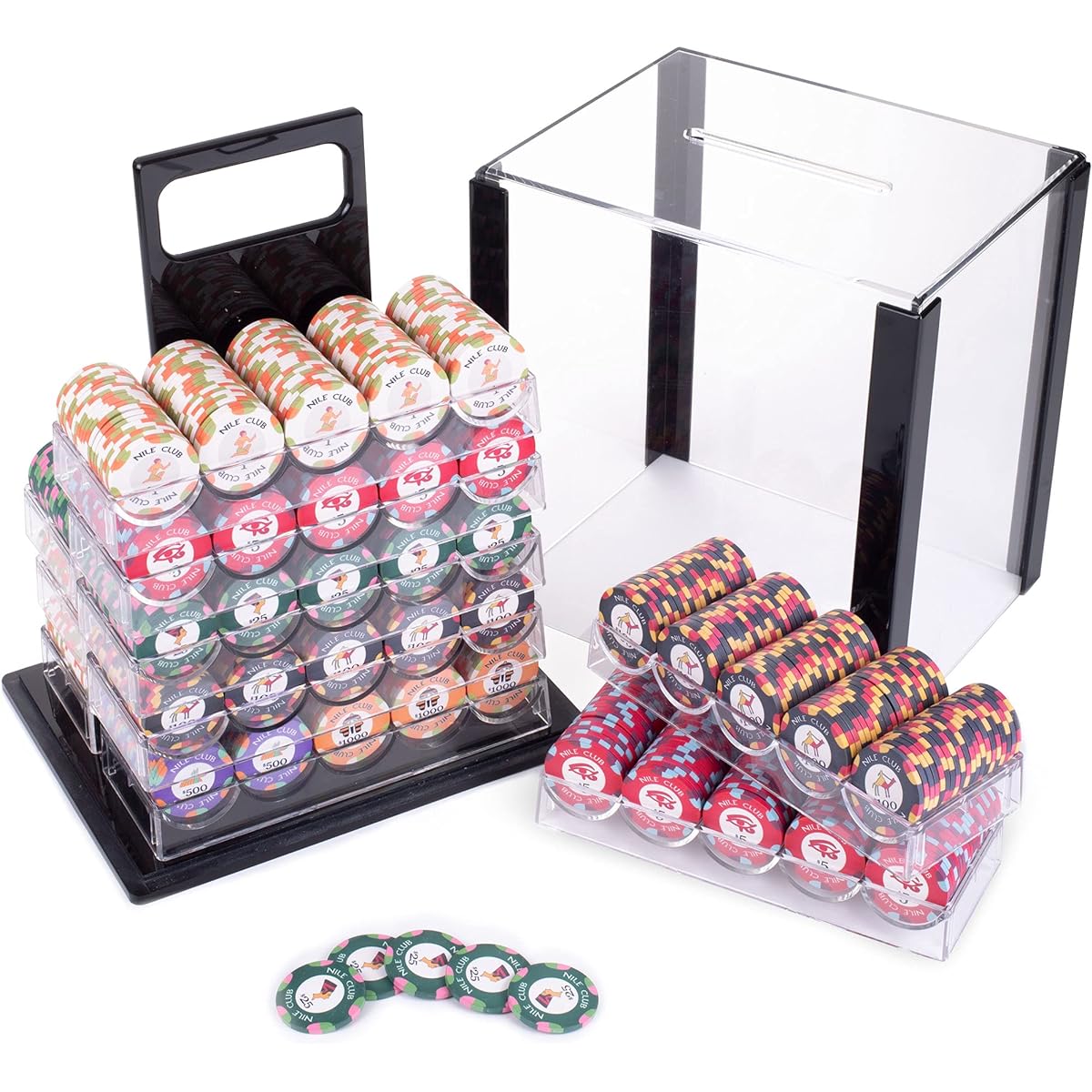 Brybelly 1,000 Carat Nile Club Poker Set - 10g Casino Grade Ceramic Chips with Acrylic Display Case for Casino Gaming