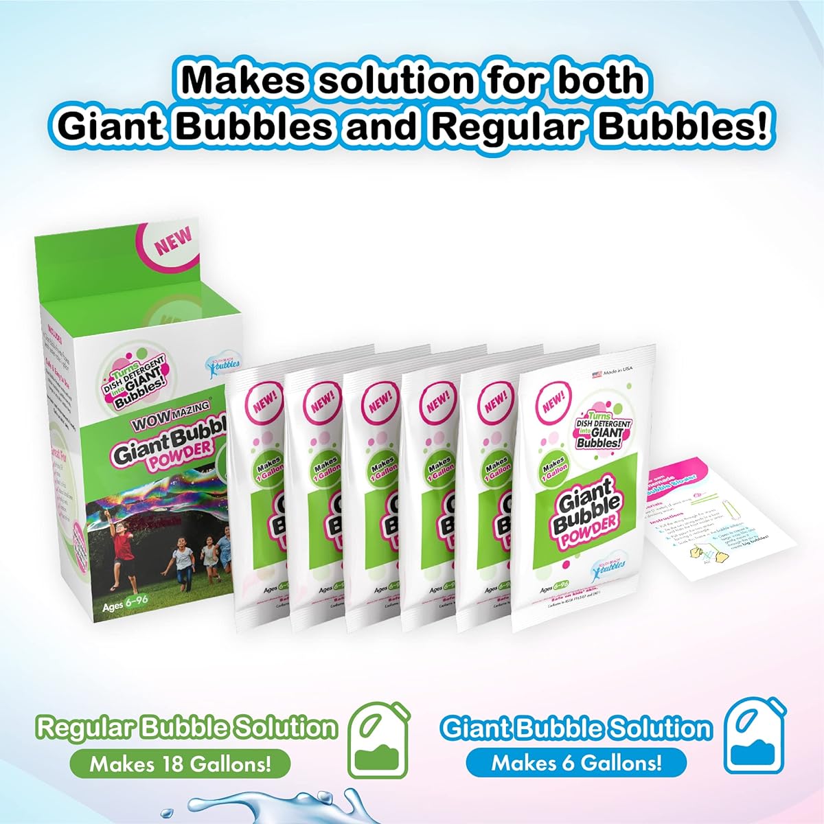 WOWMAZING Big Bubble Refill Powder Mix (6 Pack) - Turns Dish Soap into Giant Bubbles! Makes 6 Gallons! - Made in the USA