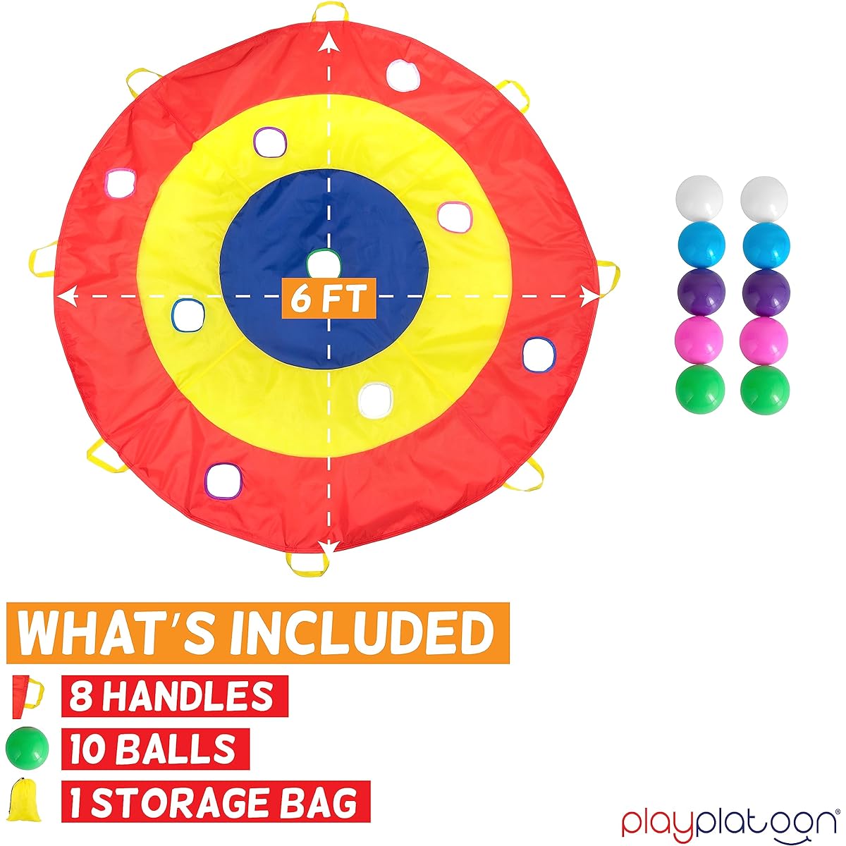Play Platoon Hole Tarp Team Building Game for Work 72" Kids Parachute with 8 Handles & 10 Ball Pit Balls 6 Feet Hole Tarp Game for Toddlers Polyester Parachute for Kids