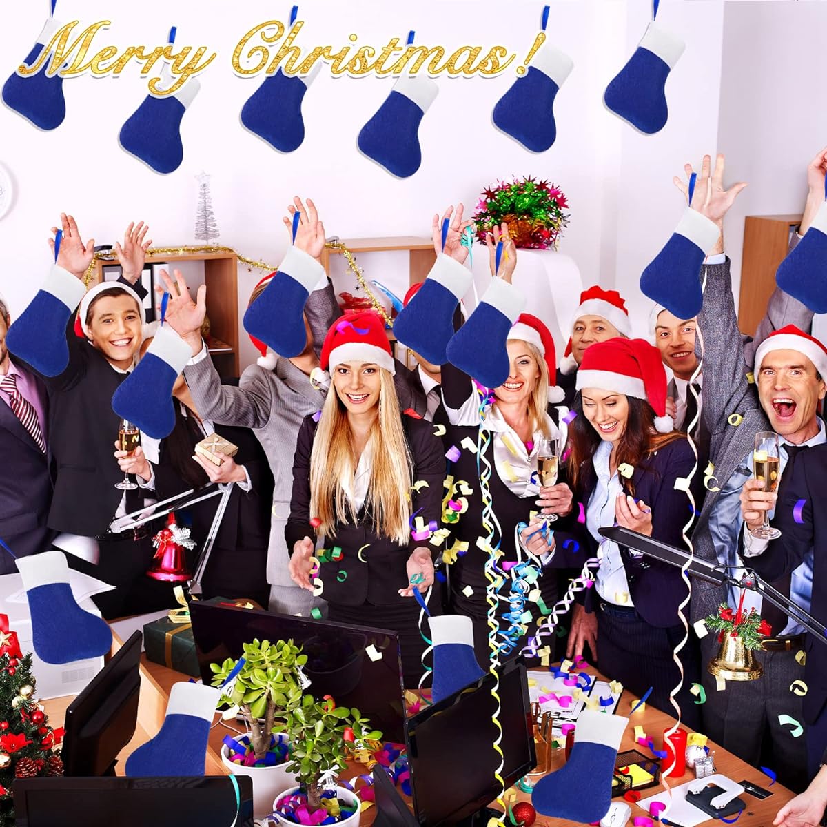 Seematn 100pcs Mini Christmas Stockings Bulk Christmas Coworker Gifts for Employee Office Christmas Decoration Christmas Tree Decoration School Church Charity Donation 5.9 x 3.2 inches (Blue, White)