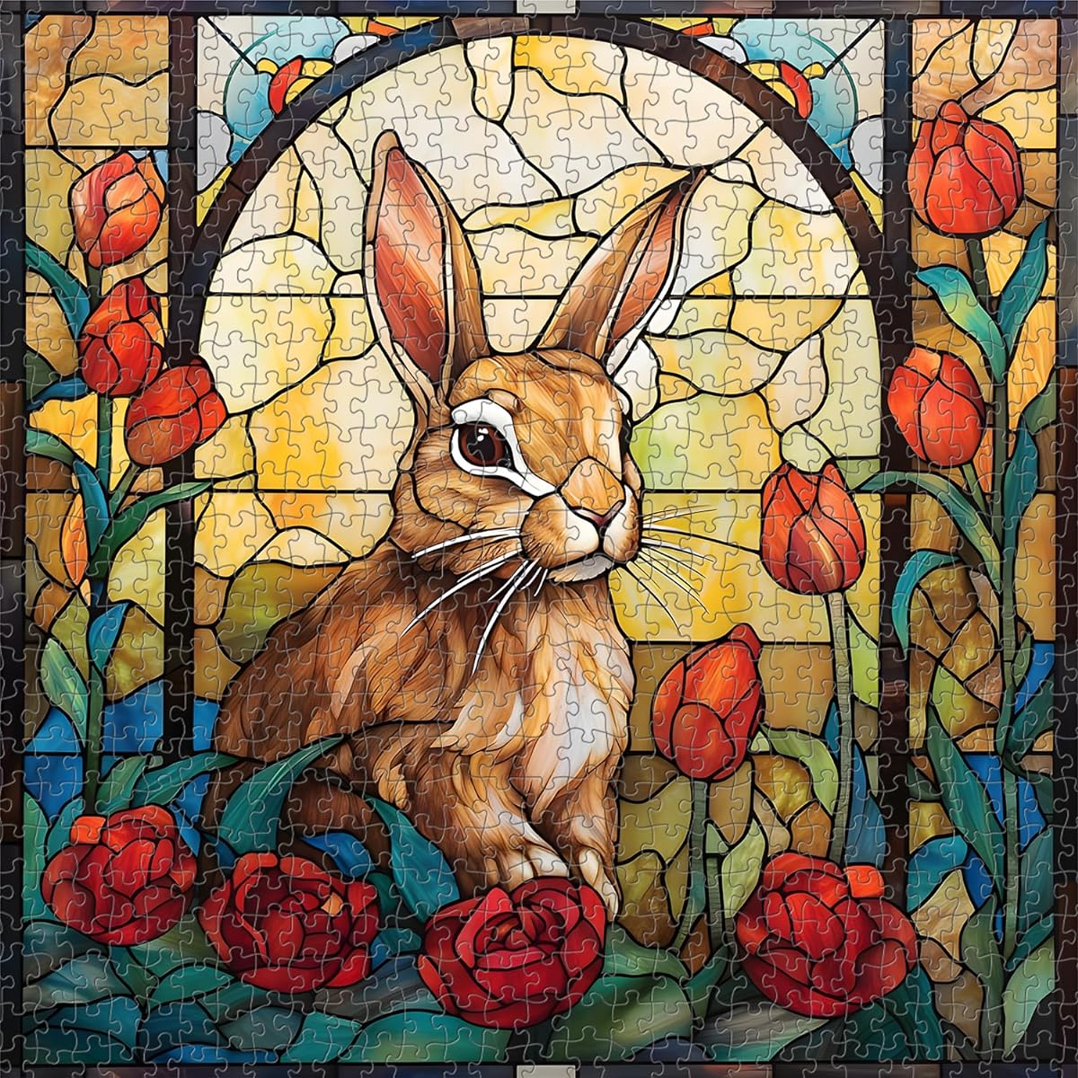Stained Glass Bunny Puzzle for Adults 1000 Piece Easter Flower Garden Puzzle Colorful Art Puzzle for Adults Bunny Stained Glass Jigsaw Puzzle as a Happy Easter Gift