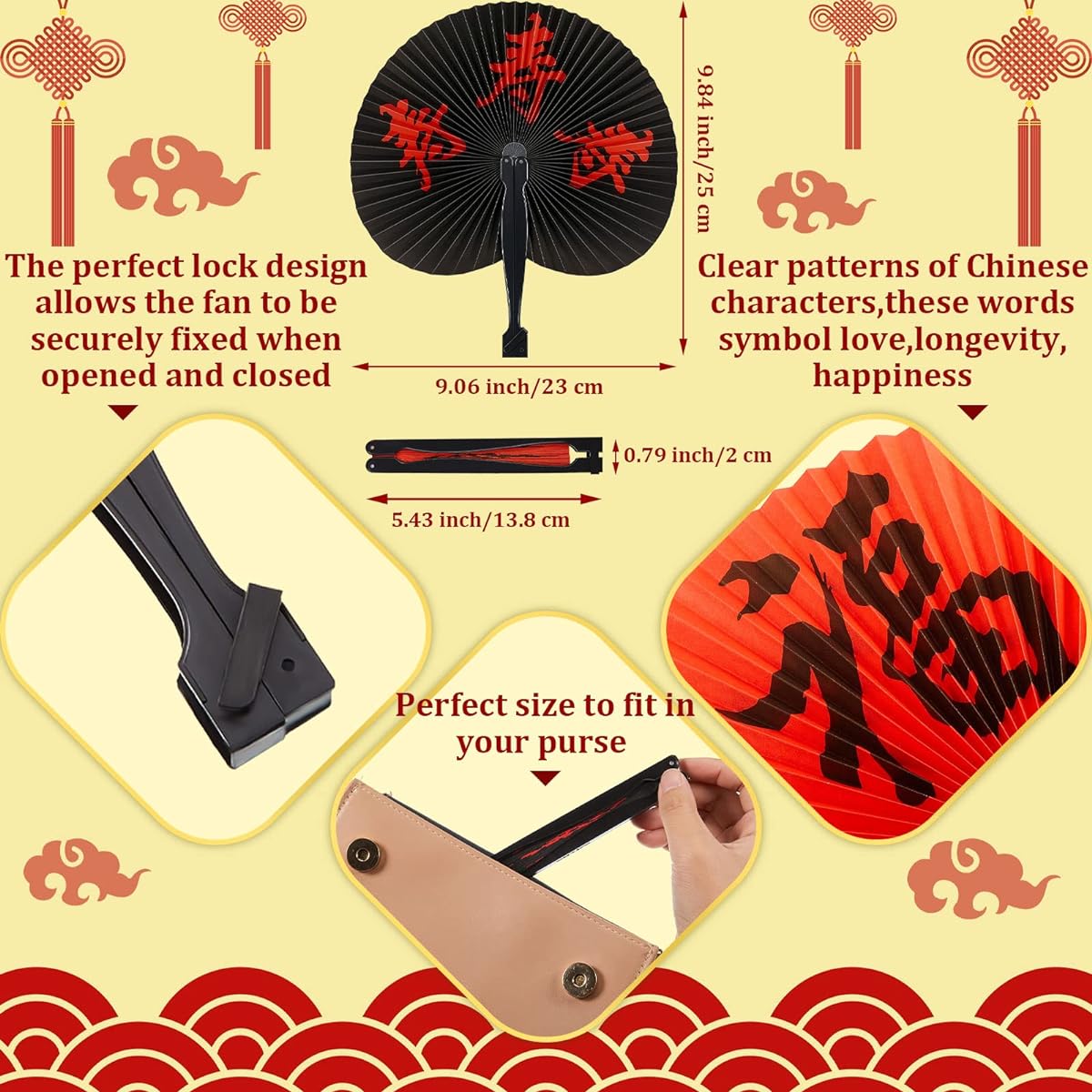 Jetec Chinese Character Fans Oriental Handheld Folding Paper Fans Chinese New Year Party Fans Assorted Paper Folding Fans Chinese Spring Festival Party Supplies (Novel Style, 20 Pieces)