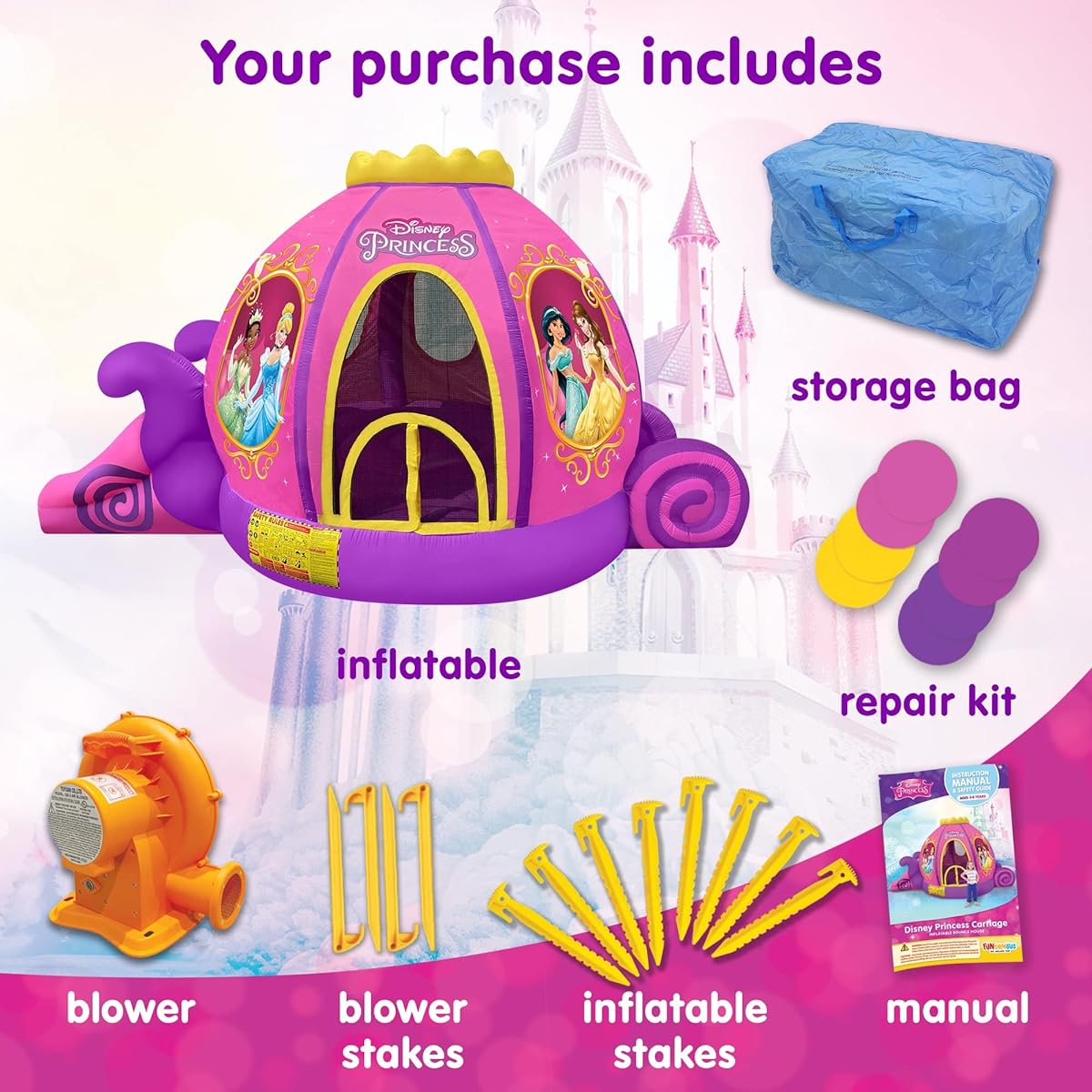 Disney Princess Carriage Inflatable Bounce House with Slide and Ball Pit, Plus Heavy Duty Air Blower with GFCI for Kids Aged 3 - 8