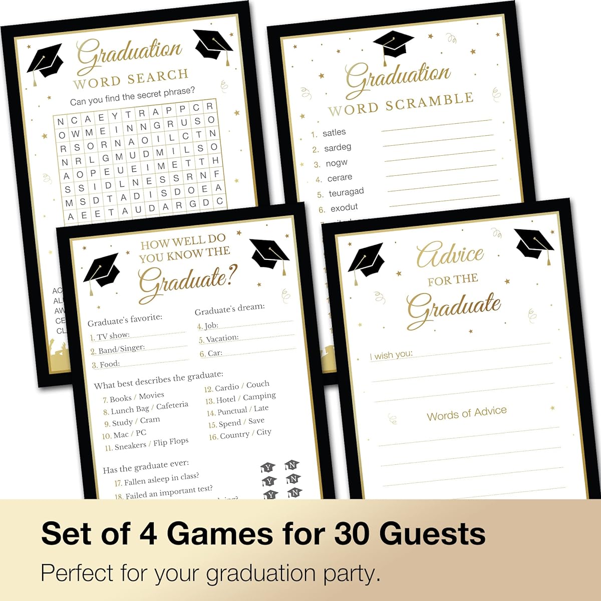 2023 Graduation Party Games - Set of 4 for 30 Guests - Double-Sided Cards - Graduation Party Supplies