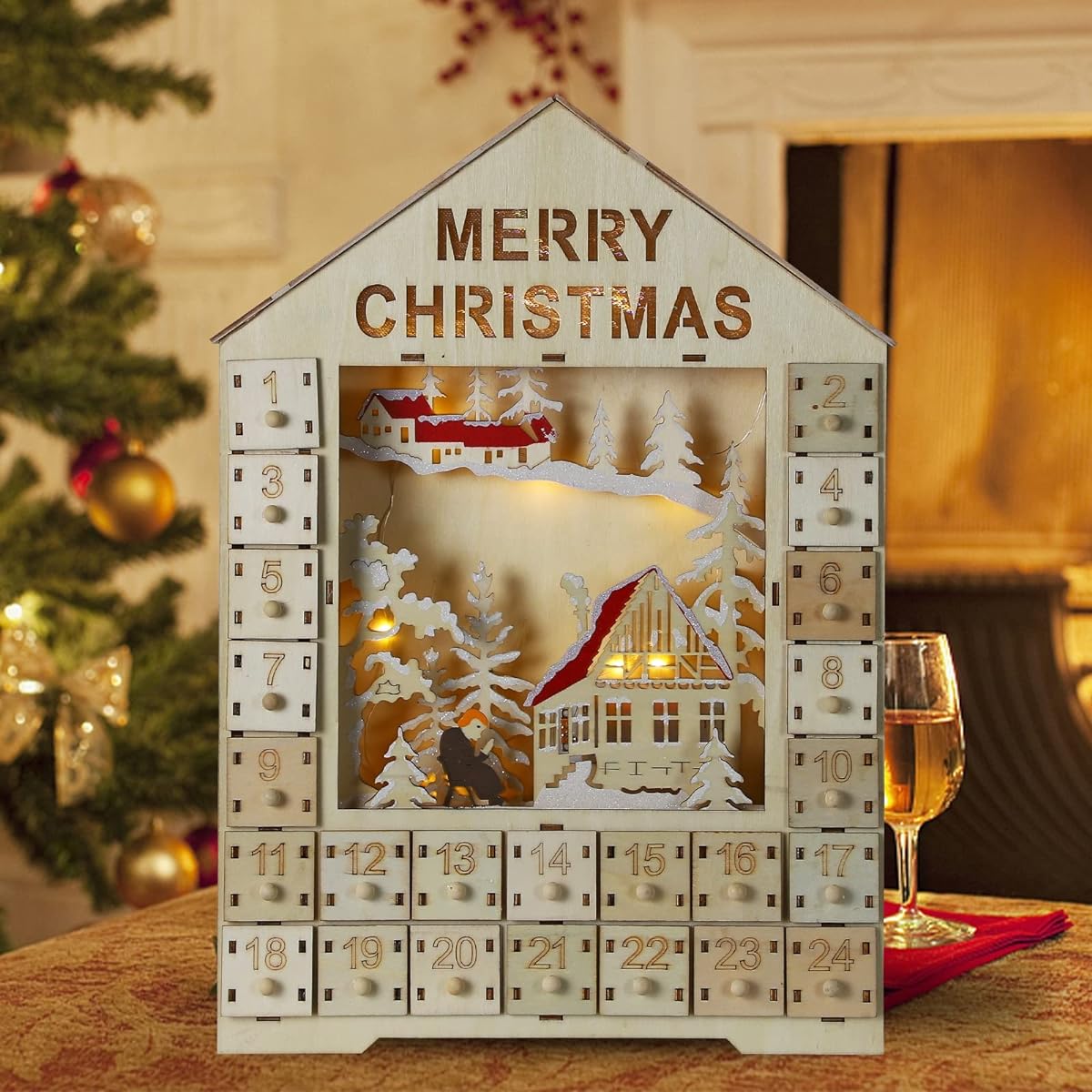 MorTime 24 Day Advent Calendar Wooden Countdown Christmas Calendar Decor with 24 Storage Drawers - Cabin in the Woods