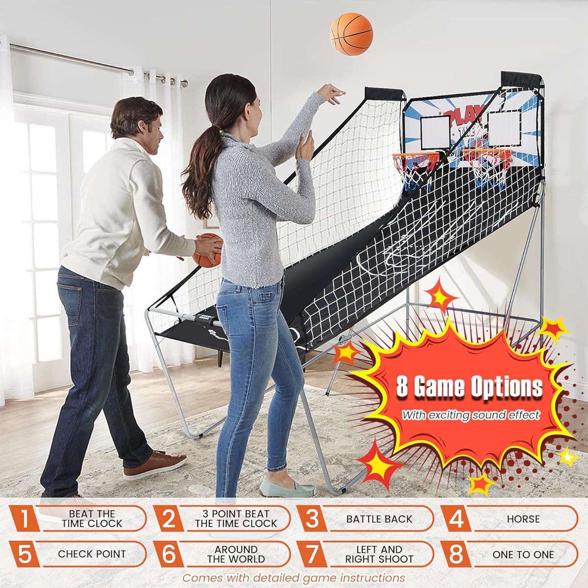 Goplus Foldable Dual Shot Basketball Arcade Game, Indoor Outdoor Basketball Game Machine with Electronic Scoring System, 8 Game Modes, 4 Balls, 2 Hoops, Air Pump for Kids, Youth and Adults