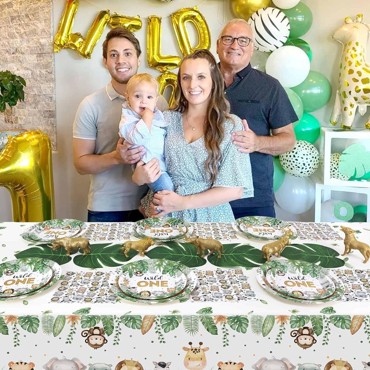 Heboland Wild One Birthday Decoration Plate Set for 25 Guests, Safari Jungle Theme Plates Cups Napkins Straws Set for Boys First Party Supplies (76 Pieces)