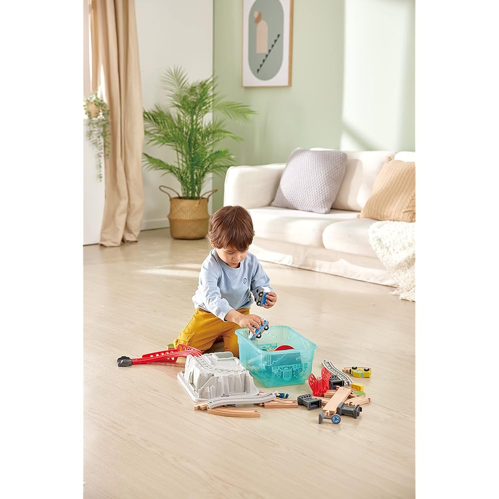 Hape E3771 Tidying Up City Rail Box Rail Set 75 x 87 x 14 cm Ages 3+ Wooden Educational Toy