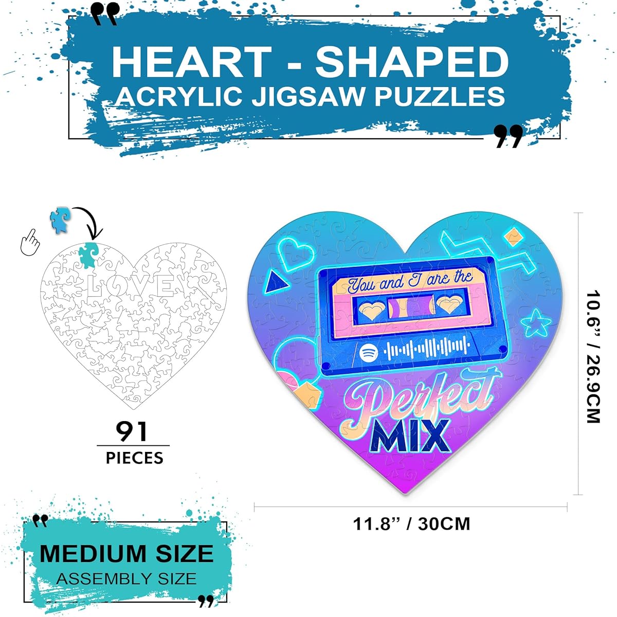 MUCHNEE Couple Acrylic Puzzle Jigsaw Puzzle 91 Pieces Romantic Gift for Her on Anniversary Valentine Gift Ideas Gift for Women Birthday Gift for Wife from Husband Cassette Sign Home Decoration