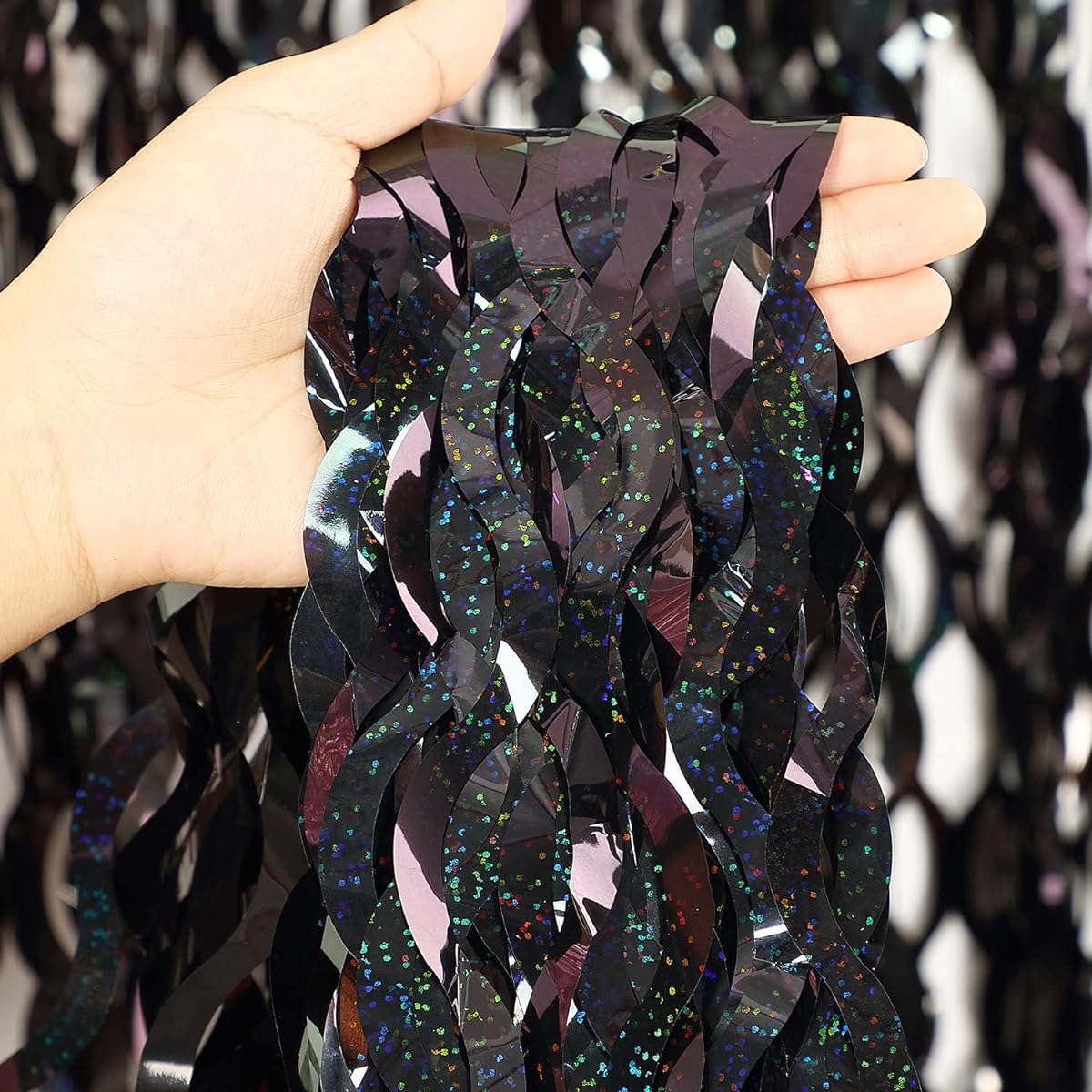 CYLMFC Black Foil Curtain Backdrop 3.3ft x 6.5ft Shiny Metallic Foil Curtains Photo Booth Props Graduation Fiesta Halloween Party Decorations