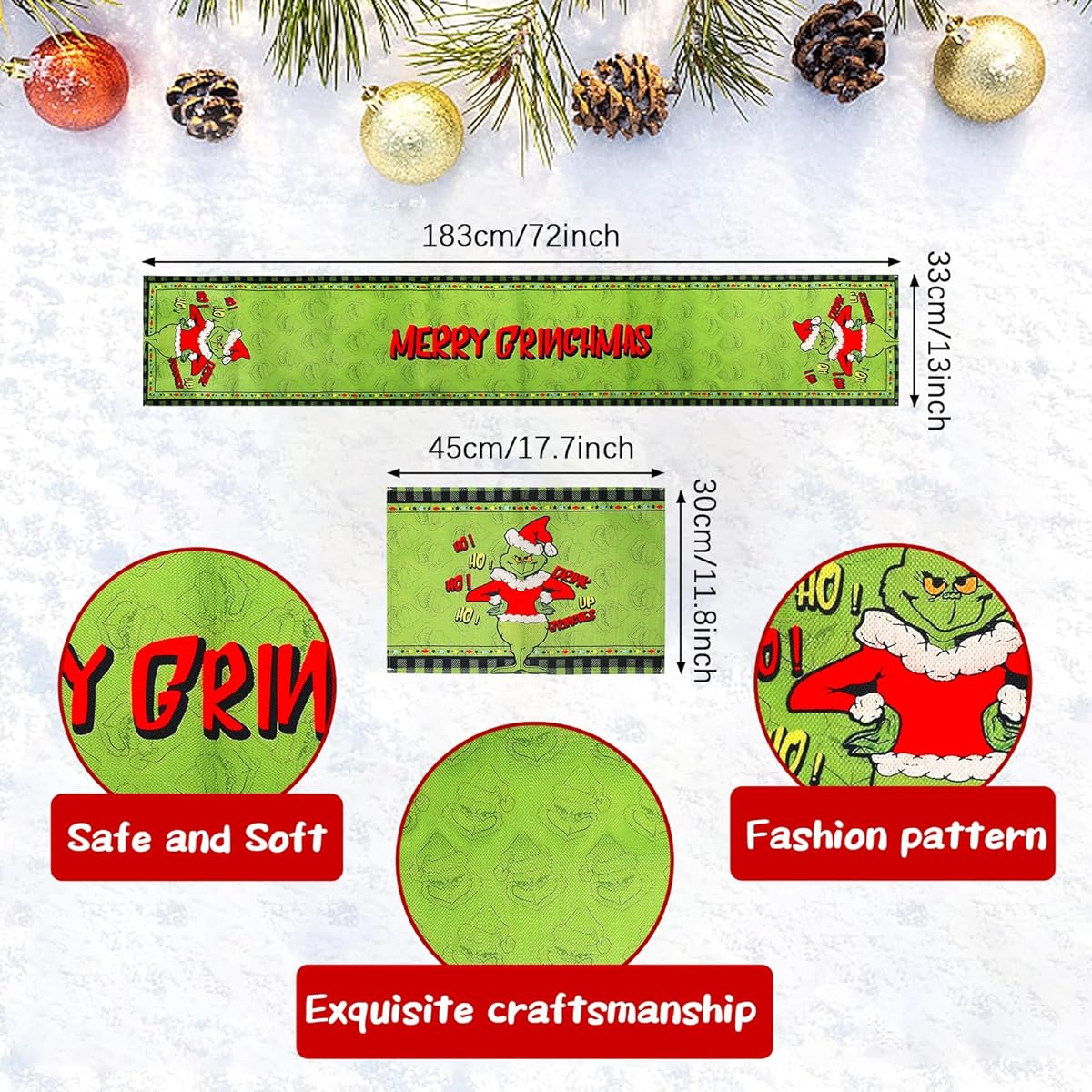 5 Piece Linen Green Christmas Table Runner Placemats Merry Grinchmas Tablecloth Holiday Home Kitchen Table Decor Christmas Table Mat Decor Set (Green)