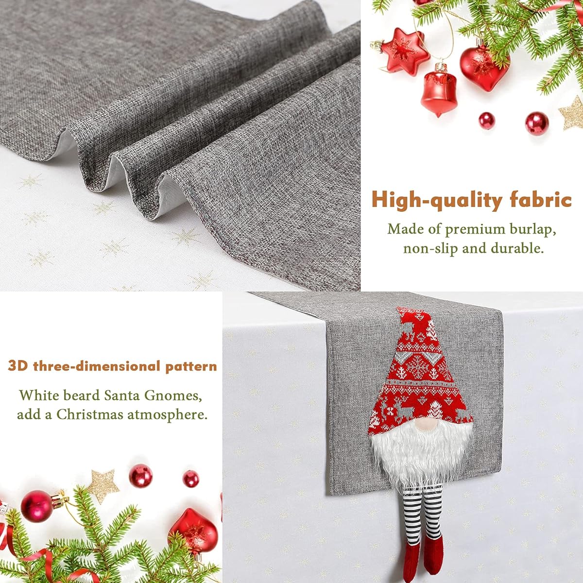 KHOYIME Christmas Table Runner Grey Christmas Table Runner Santa Claus 3D Christmas Gnome Holiday Table Decorations Long Linen Party Ornaments 13x71 Inch (Grey)