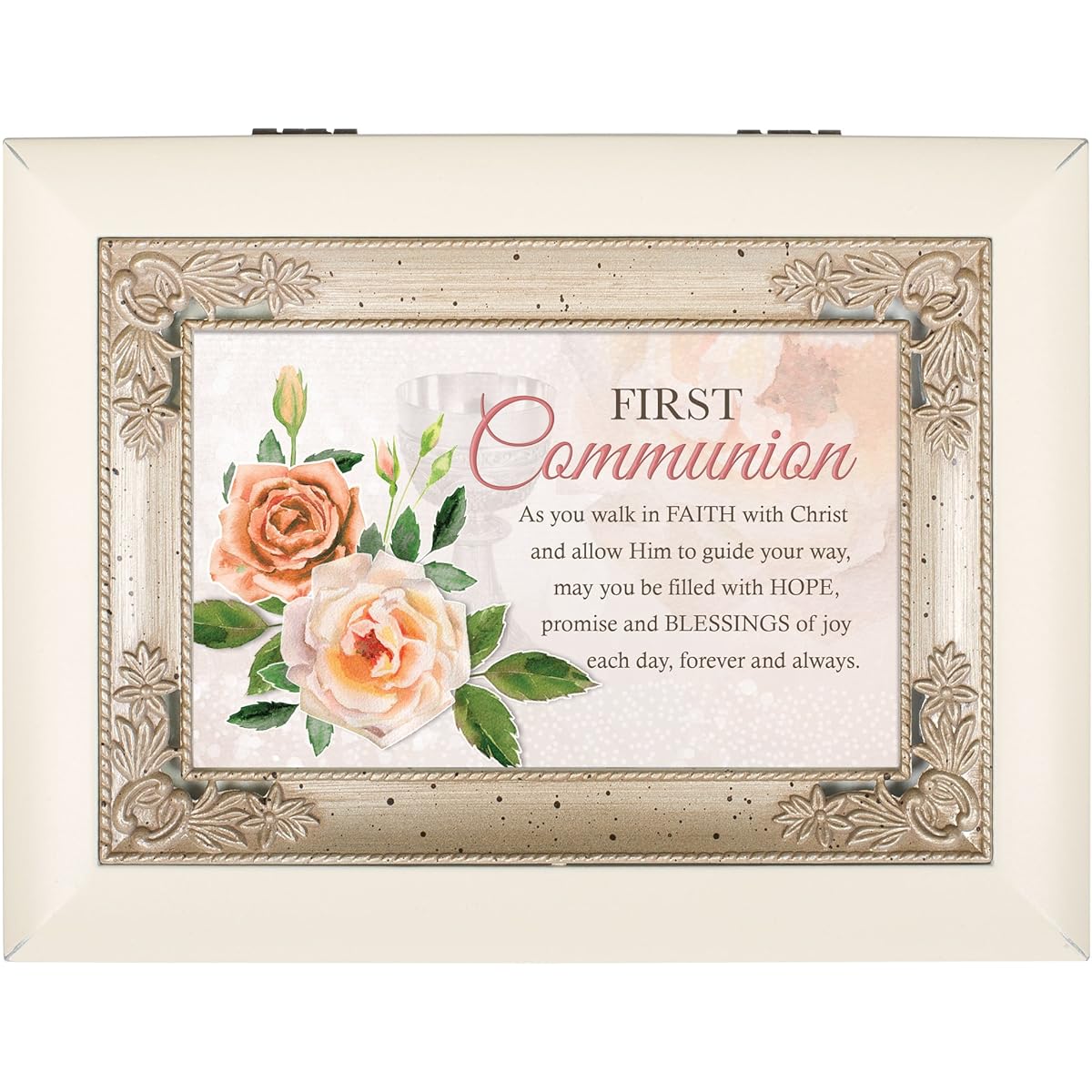 First Communion Walk in Faith Italian Style Ornate Border Souvenir Music Box Plays Ave Maria