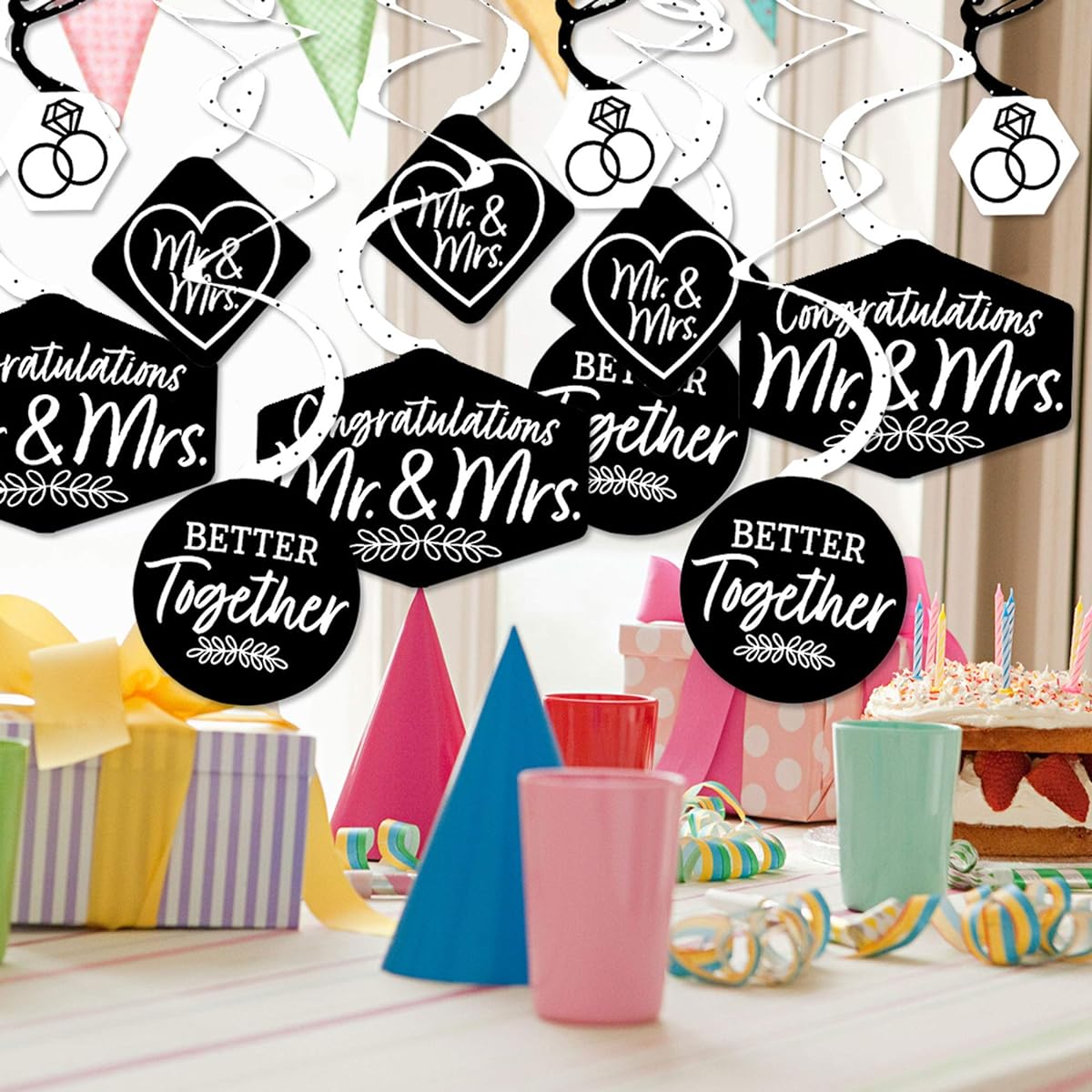 Big Dot of Happiness Mr. and Mrs. - Black & White Wedding or Bridal Shower Hanging Decorations - Party Decoration Swirls - Set of 40