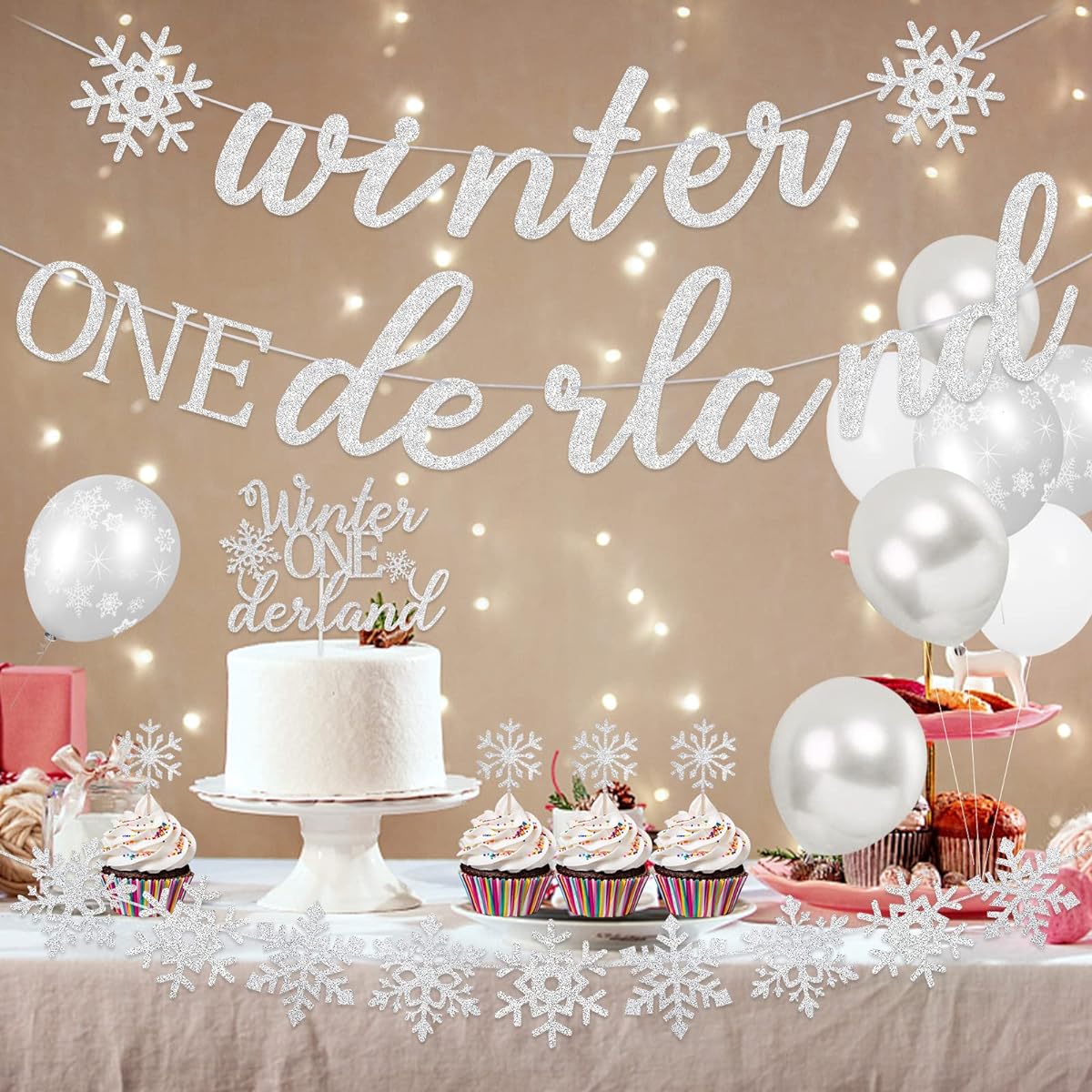Winter Wonderland 1st Birthday Decorations, Winter Wonderland Snowflake Banner, Snowflake Cake Topper, Snowflake Balloons, Winter Wonderland Baby Girl Boy First Birthday Party Supplies