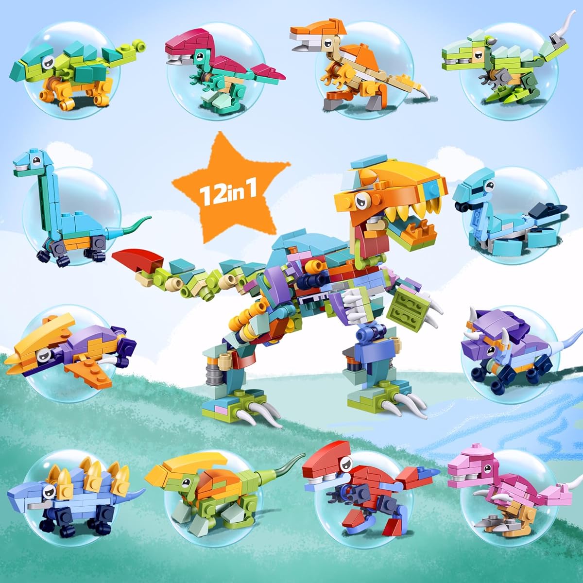STEM Montessori Dinosaur Animal Building Blocks Set Educational Gifts for Kids Boys Girls Ages 6+ Dinosaur Land and Sea Animals 36 Pack 1063 Pieces