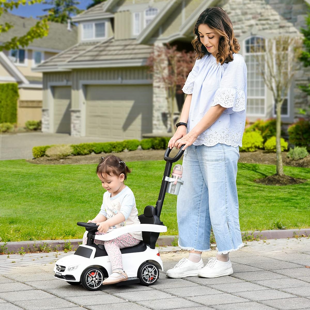 Aosom 3-in-1 Ride-on Push Car Toddler Stroller Sliding Walking Car Sun Canopy Horn Music Safety Bar Cup Holder with Storage White