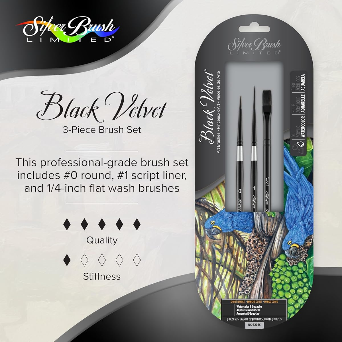 Silver Brush Limited WC-3208S Black Velvet Basic Stroke Variety Set 3 Watercolor Brush Set Round Size 0 Script Liner Size 1 Flat Square Wash Size ¼ Short Handle
