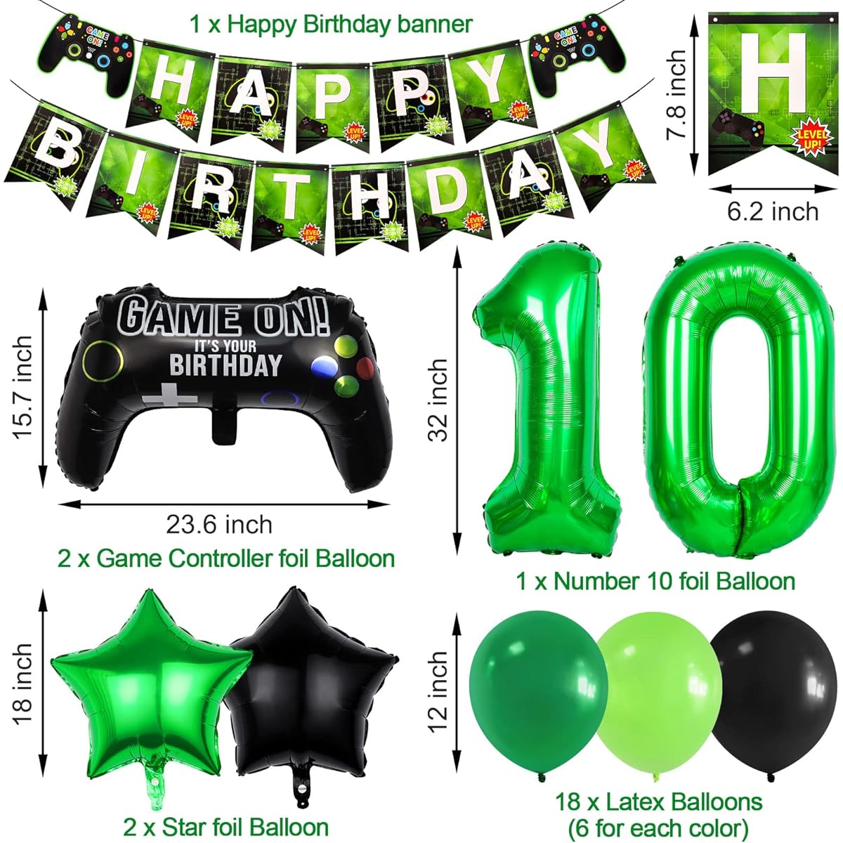 10th Video Game Birthday Party Set, Happy Birthday Banner Video Game Balloons, Controller Balloons, Green Black Star Aluminum Foil Balloons Kit Decorations