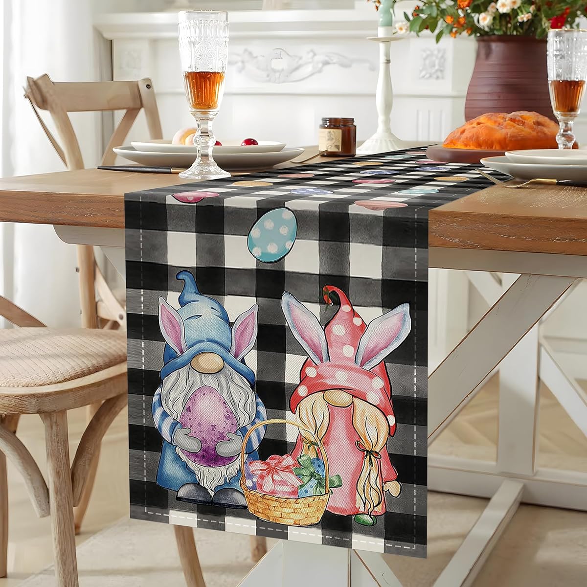 Easter Buffalo Plaid Flower Gnome Egg Table Runner 13x72 Inch - Spring Summer Seasonal Holiday Kitchen Dining Table Decor Indoor Outdoor Home Party Decor