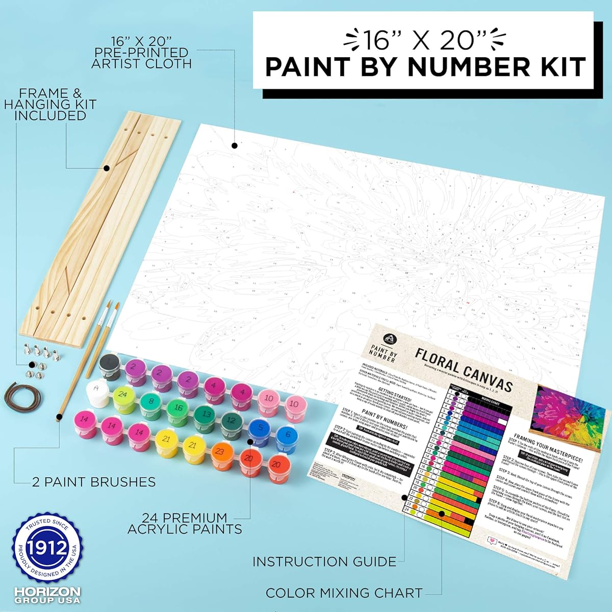 Horizon Group USA Paint by Numbers Kit DIY Paint Kit Floral Design on Cloth Canvas 16" x 20" Wooden Frame & Paint Brush Included Acrylic Paint Paint by Numbers for Adults No Experience Required
