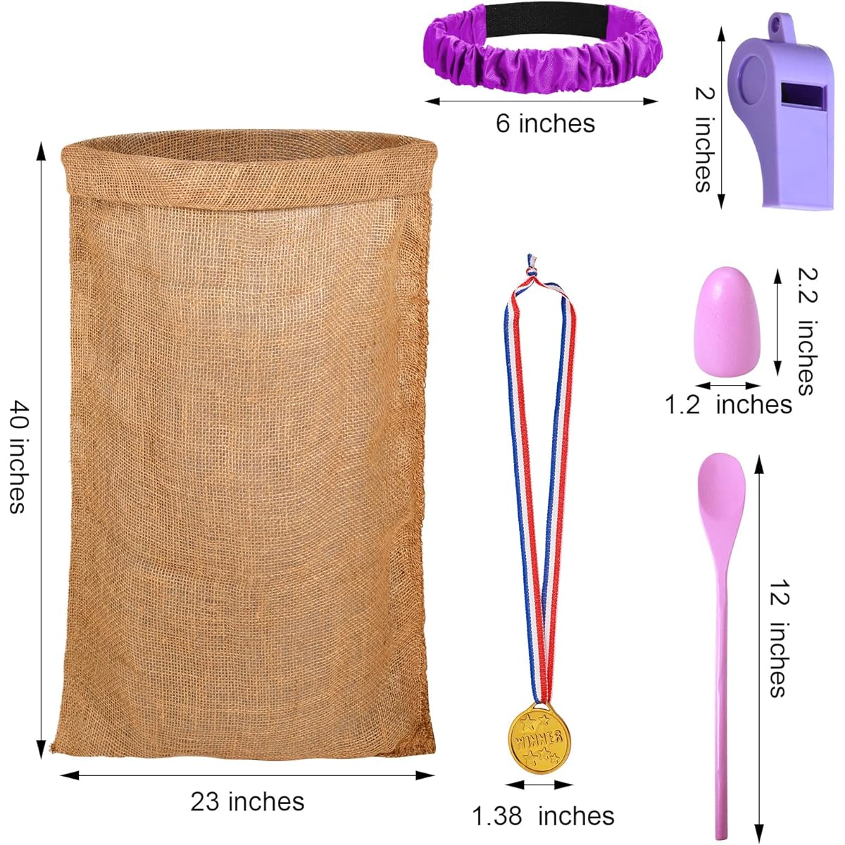 School outdoor games set includes 6 potato sack race bags, 6 egg and spoon race games, 6 leg race bands, egg hunt game party favors, family gathering games, 6 whistles, 10 medals.
