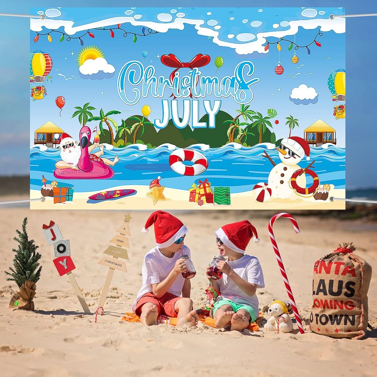 Lucleag Christmas in July Backdrop Banner Decoration 70.9 x 43.3 inches Christmas Background Hawaii Christmas Tropical Beach Backdrop Santa Summer Banner Photo Background for Christmas in July Party Supplies