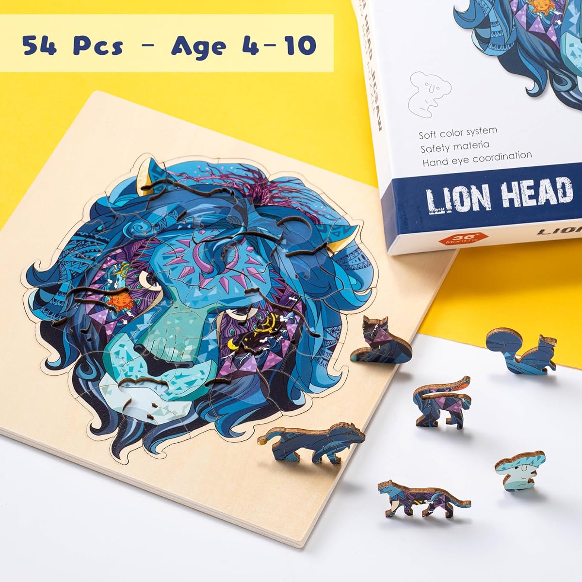Wooden Jigsaw Puzzle for Ages 4-8, 54 Pieces, Unique Shape Wooden Lion Puzzle with Puzzle Board, Beautiful Gift Packaging, Wooden Puzzle, Best Gift Puzzle for Kids Ages 8-12 (Mysterious Lion)