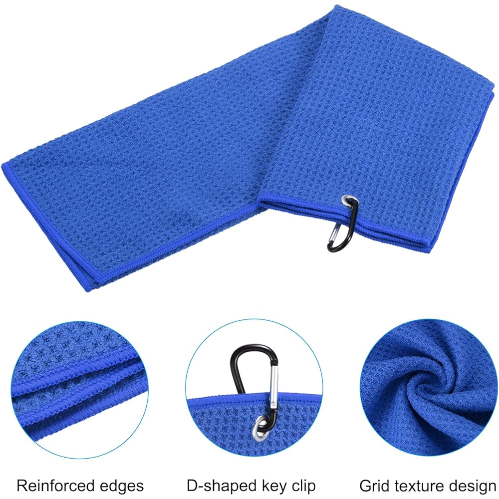 PATIKIL 60 x 40 cm Tri-Fold Golf Towel 3 Pieces Waffle Pattern Towel Soft Fiber Strong Absorption with D Clip for Golf Enthusiasts Dark Blue