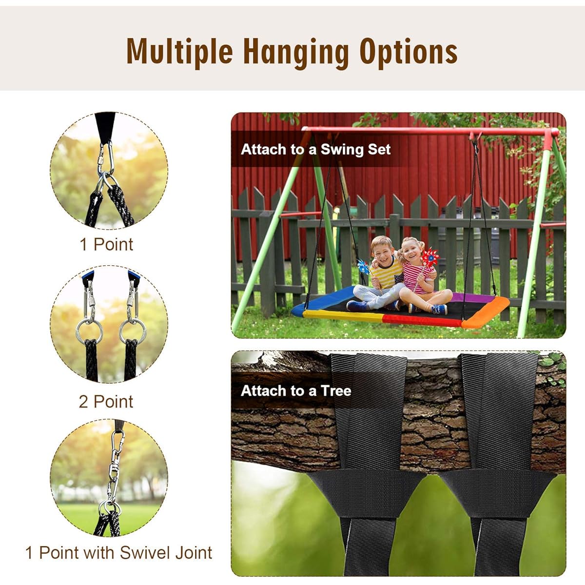 Costzon 700 lbs Giant 60" Platform Saucer Tree Swing Set for Kids and Adults, Hard Wearing Indoor/Outdoor Rectangular Swing with Durable Steel Frame and 2 Hanging Straps for Porch Backyard (Rainbow)