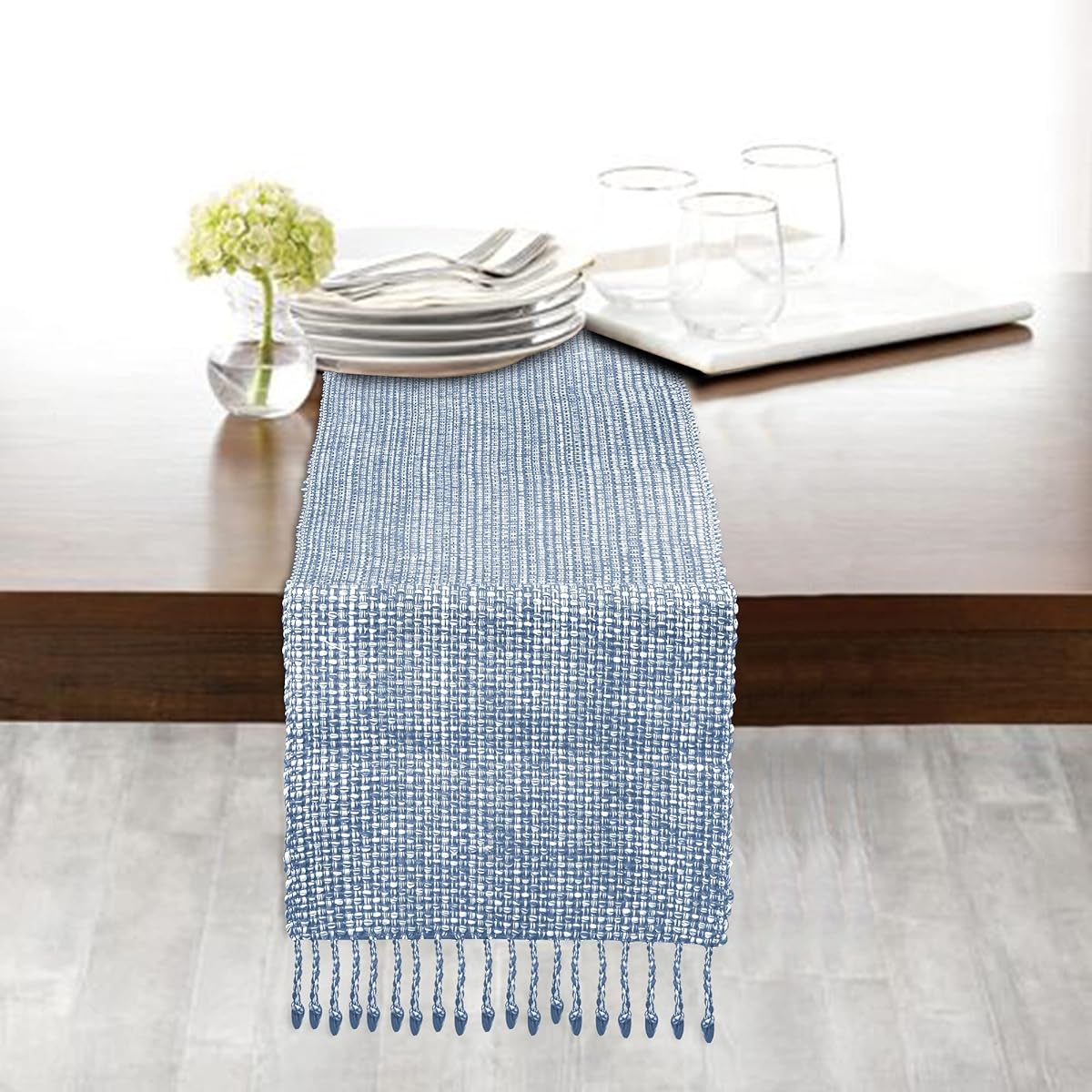 Gratico 100% Cotton Two Tone Table Runner, 14" x 72" Extra Large Size with Fringe, Heavier Quality Table Runner for Everyday Use (14''X72'') Indigo Blue/Natural