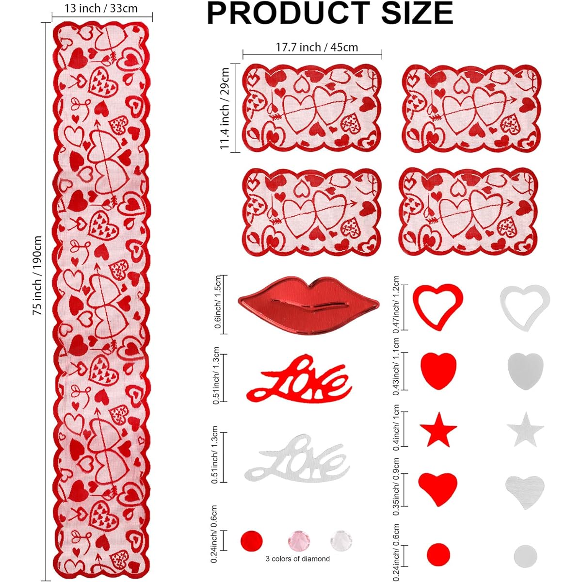 Konsait 5 Pack Valentine's Day Decorations Lace Red Heart Table Runner & Placemats Set & 1.1oz Red Silver Heart Confetti Heart Sequins for Mother's Day Valentine's Wedding Home Table Decor Party Supplies