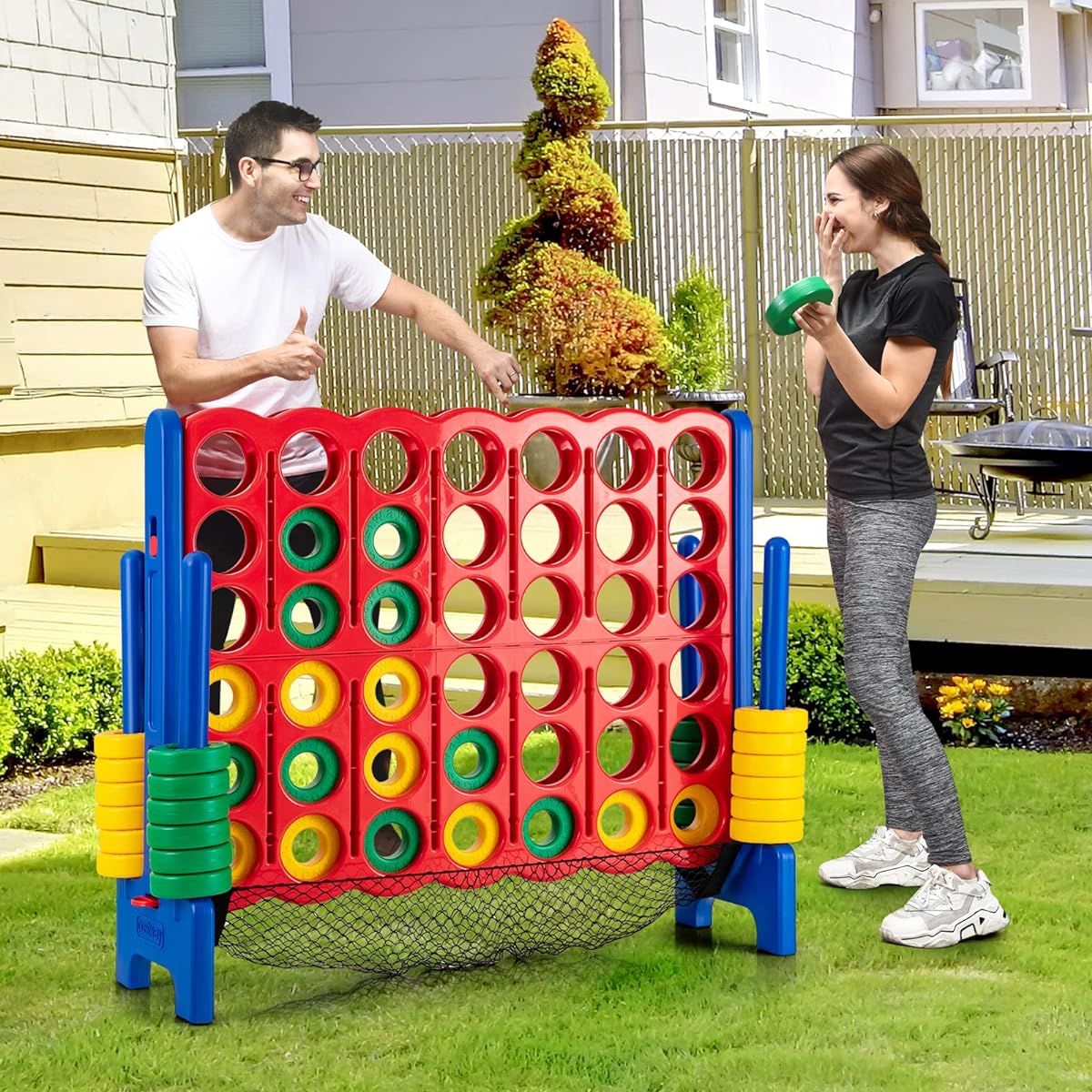 COSTWAY Giant 4 Score Game Set, 42 Chess Pieces, Quick Release Lever & Mesh Pocket, 4 in a Row Backyard Game for Kids & Adults, Perfect for Indoor & Outdoor