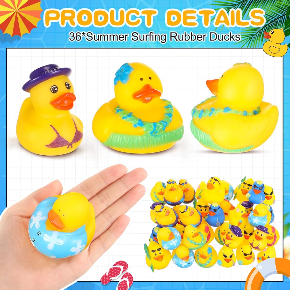 Lenwen 36pcs Summer Beach Surfing Tiny Rubber Ducks Floats Mini Ducks Bathtub Toys Summer Theme Novelty Funny Squeeze Ducks Birthday Party Favors Swimming Pool Bath Toys Decoration Gift Supplies