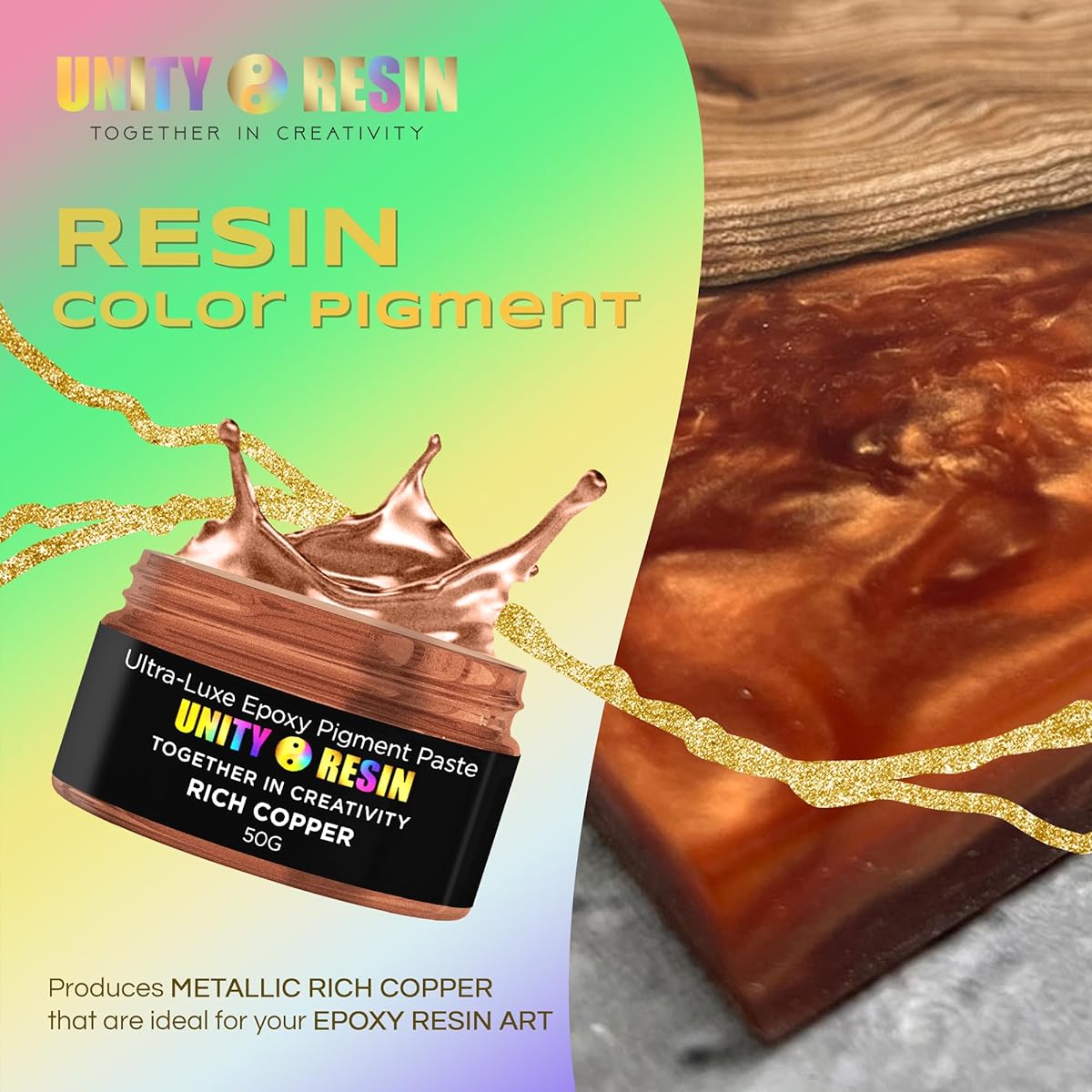 UNITY RESIN - Resin Color Pigments, Easy to Use Epoxy Resin Pigments, Concentrated Pigment Paste for Epoxy Resin, Epoxy Resin Supplies, Art, Woodworking, DIY Projects and More, 50g (Rich Copper)