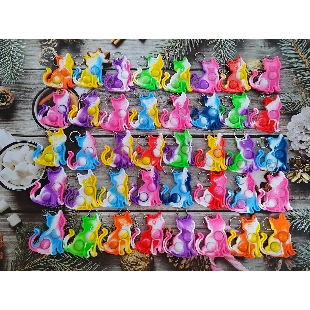 100 Pack Bulk Cat Animal Fidget Mini Pop Keychain Rainbow Sensory Push Toys for Friends Birthday Summer Party Favors Holiday Kids Children Students Small Prizes Gifts