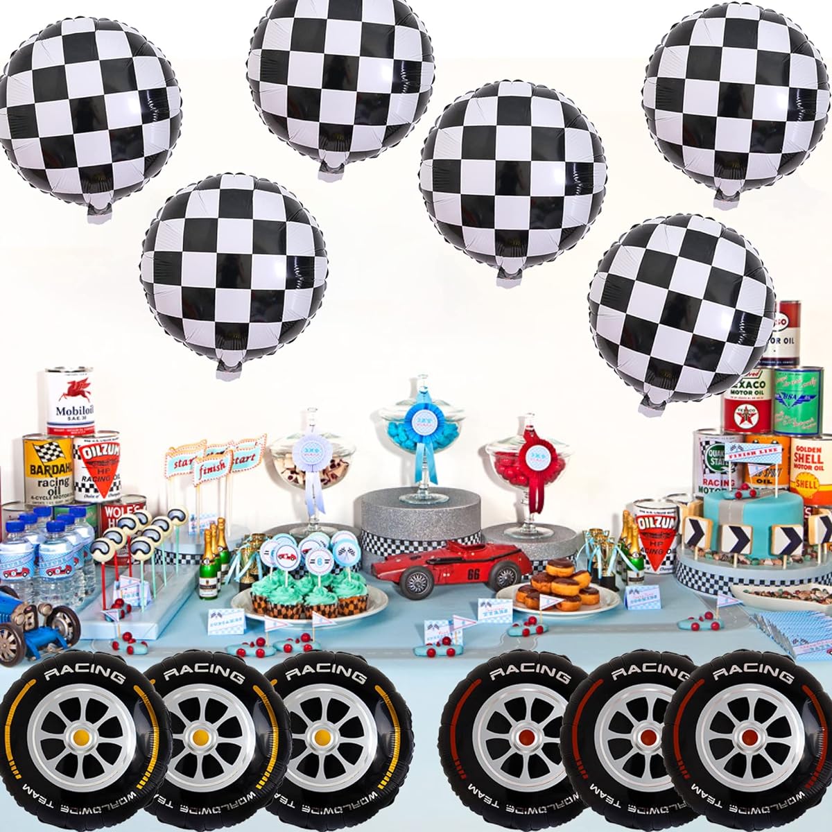 Stcomart 18" Race Car Wheel Balloons Black and White Checkered Balloons for Birthday Party Race Car Theme Party 12pcs
