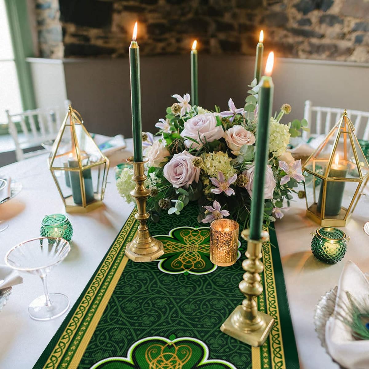 ARTSHOWING St. Patrick's Day Table Runner Decorative Cotton Linen for Holiday Home Decor, Birthday Parties, Family Dinners, 13 x 36 Inch, Golden Artistic Lucky Clover Texture