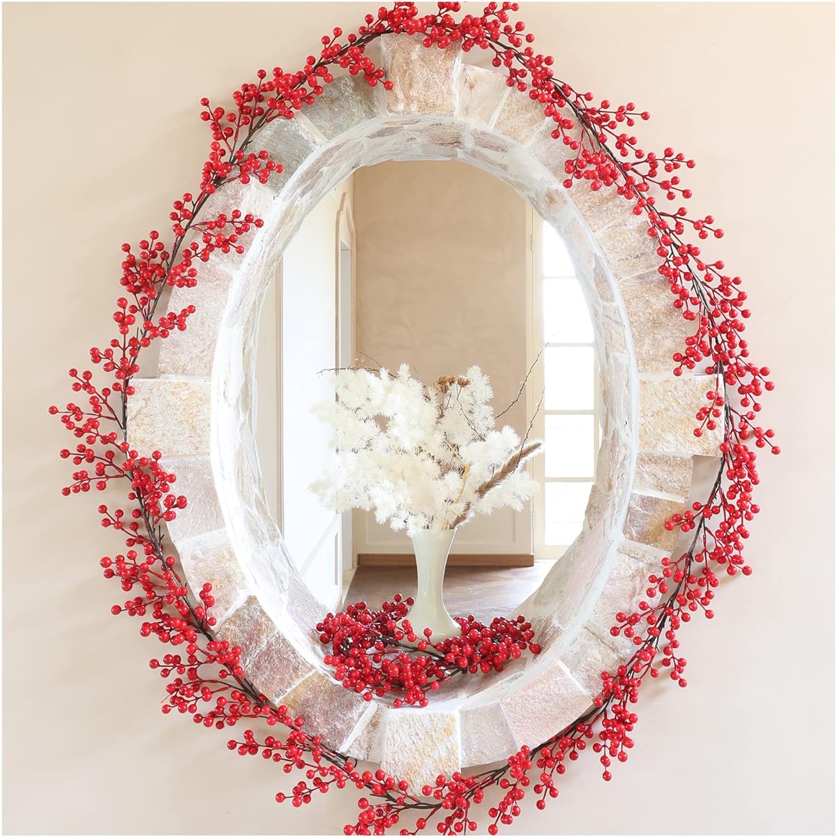 Red Berry Garland - 8ft Christmas Holly Berry Garland for Christmas Tree, Winter Berry Garland for Mantle, Christmas Tree, Window Door Hanging, Indoor Outdoor Holiday Decorations