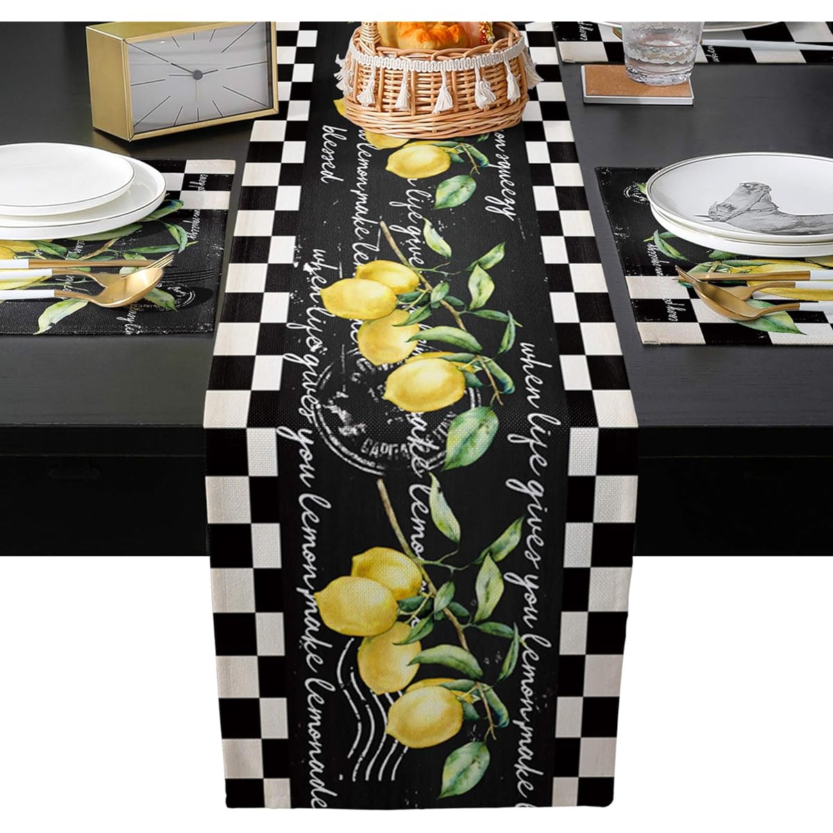 ARTSHOWING Farm Table Runner Placemats Set of 4 for Kitchen Dining Table Retro Lemon Black and White Check Heat Resistant Washable Cotton Linen Placemats for Holiday Parties