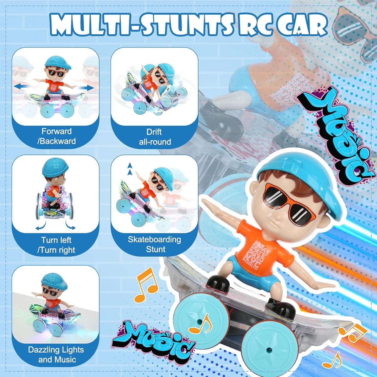 Skateboard Car Toy for Ages 3-5 2.4Ghz Remote Control Car for Kids 360° Rotating RC Stunt Car with LED Lights and Music Cool Birthday Gift Idea Easter Toy for 3 4 5 6 7 8-12 Years Old and Up Boys Girls