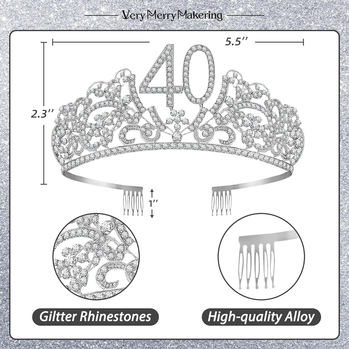 40th Birthday Sash and Tiara for Women - Fabulous Glitter Sash + Flower Rhinestone Silver Premium Metal Tiara for Women 40th Birthday Gifts for 40th Party