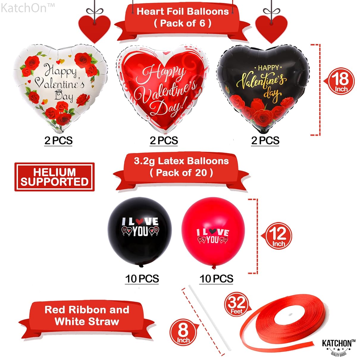 Large Happy Valentine's Day Balloons - Pack of 26 | Black and Red Heart Shaped Balloons I Love You Balloons | Romantic Decorations for Special Night | Black Heart Balloons Valentine Balloon Decorations