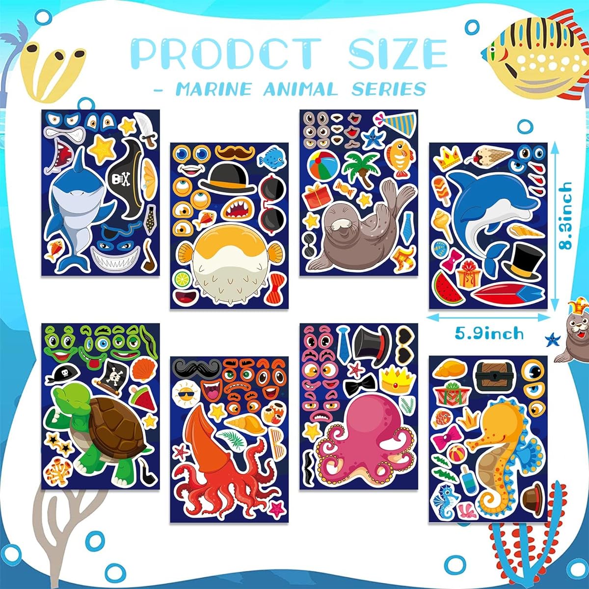 HOWAF Sea Animal Face Stickers, Sea Animal DIY Stickers for Kids Under the Sea Party Favors Holographic Theme Mix and Match Sea Animal Stickers for Summer Theme Birthday Party DIY Crafts, 32 Sheets