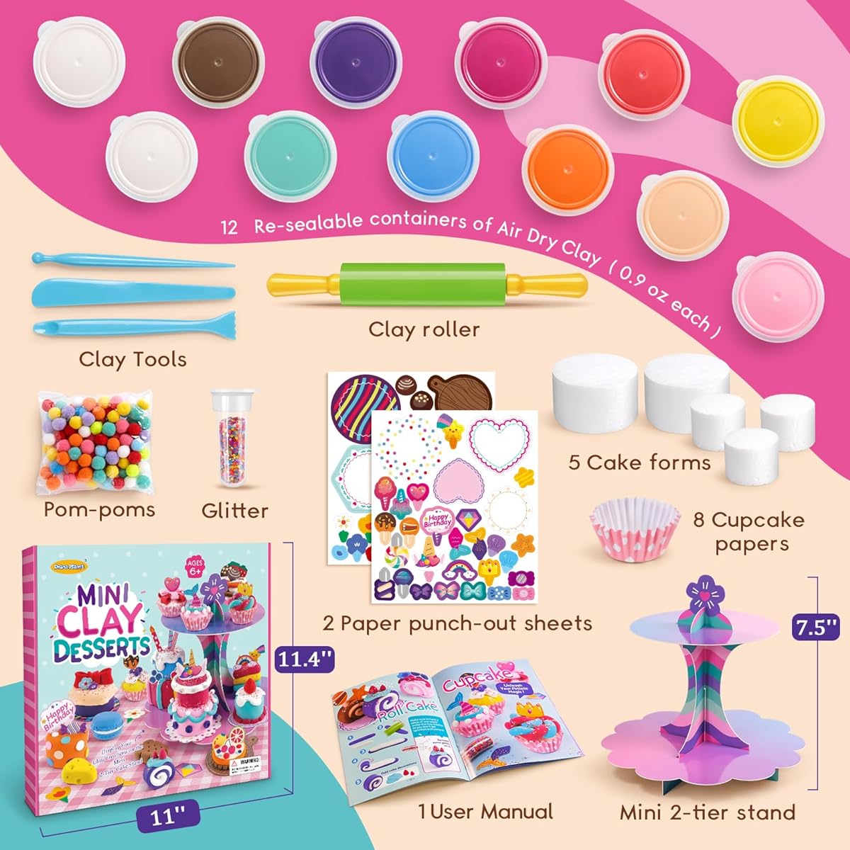 Drama Planet Craft Kit for Kids - Make Mini Desserts with Air Dry Clay - Clay Making, Art Activities, Great Gifts for Girls